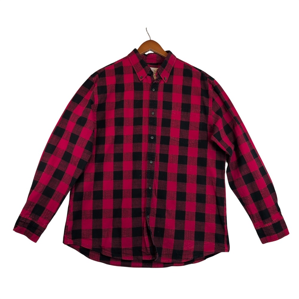 St. John's Bay Mns Lg Buffalo Plaid Button Down Shirt Red Black 100% Cotton Fall